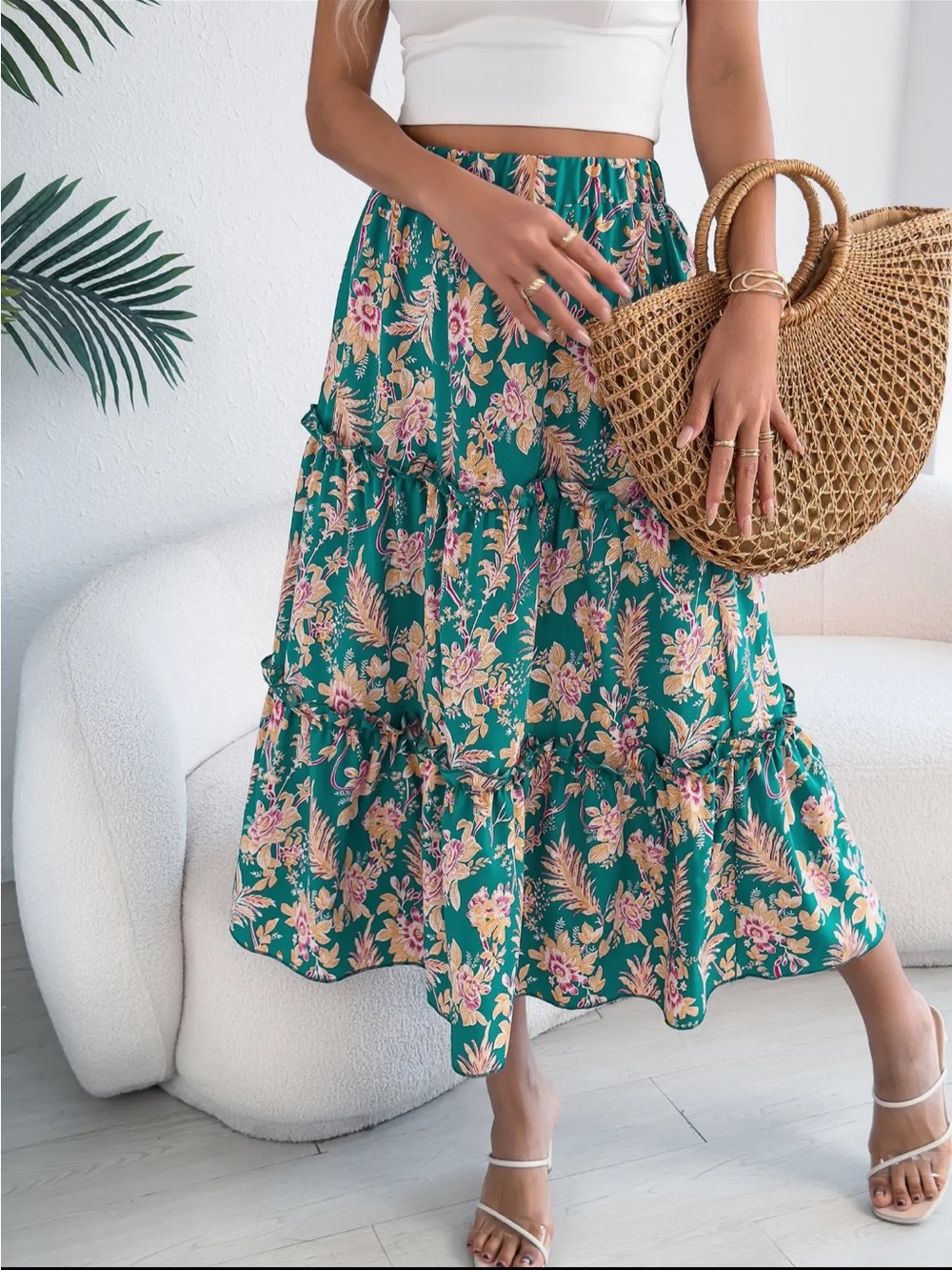 Floral Tiered Green Maxi Skirt - Women's